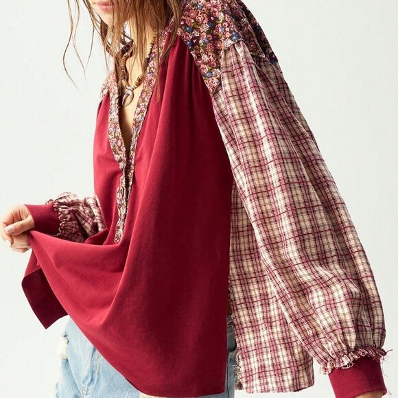 Tops - Burgundy Casual Women's Loose Knitted Patchwork Blouse
